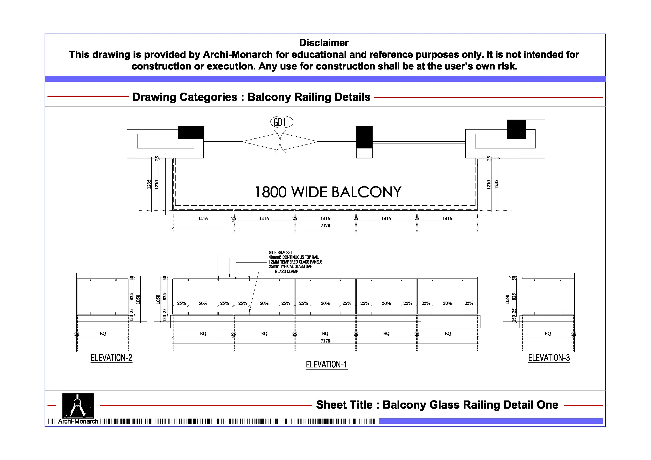 Balcony Glass Railing Detail One – Architectural Glass Balcony Railing Detail Drawing | Archi-Monarch