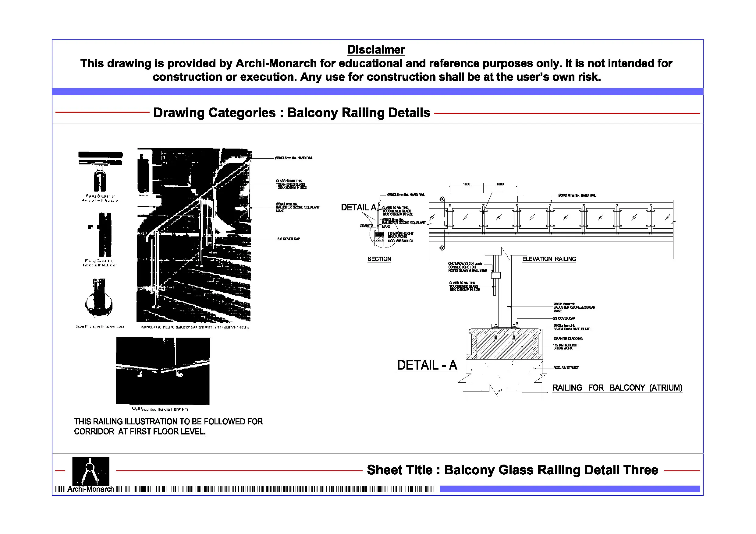 Balcony Glass Railing Detail Three – Architectural Glass Balcony Railing Detail Drawing | Archi-Monarch